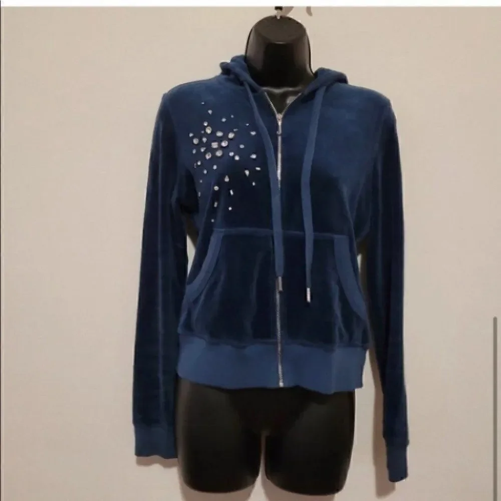 Juicy Couture Velour Track Pant Jacket. Dark Blue with Rhinestones. Size Med